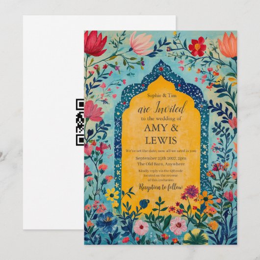 Boho Summer Blue Floral Wedding Invitation 招待状 (正面/裏面)