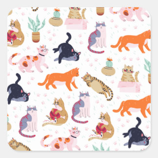 Boho Summer Cute Cats Green Cactus スクエアシール
