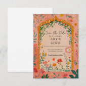 Boho Summer Pink Floral Save the Date Invitation セーブザデート (正面/裏面)