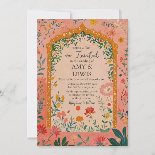Boho Summer Pink Floral Wedding Invitation 招待状 (正面)
