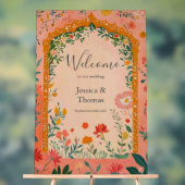 Boho Summer Pink Floral Wedding Welcome アクリルサイン (ニュートラル)