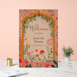 Boho Summer Pink Floral Wedding Welcome アクリルサイン