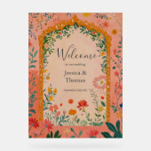 Boho Summer Pink Floral Wedding Welcome アクリルサイン (正面)