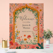 Boho Summer Pink Floral Wedding Welcome アクリルサイン (ウェディング)