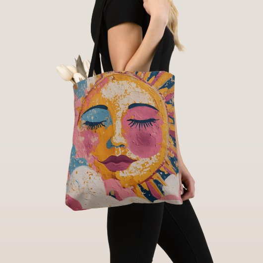 Boho Sun Face Abstract Art Tote Bag トートバッグ (クローズアップ)