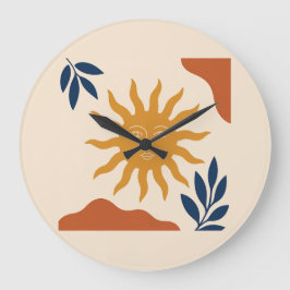 Boho Sun Face Abstract Terracotta Wall Clock ラージ壁時計
