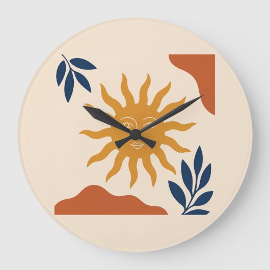 Boho Sun Face Abstract Terracotta Wall Clock ラージ壁時計 (正面)