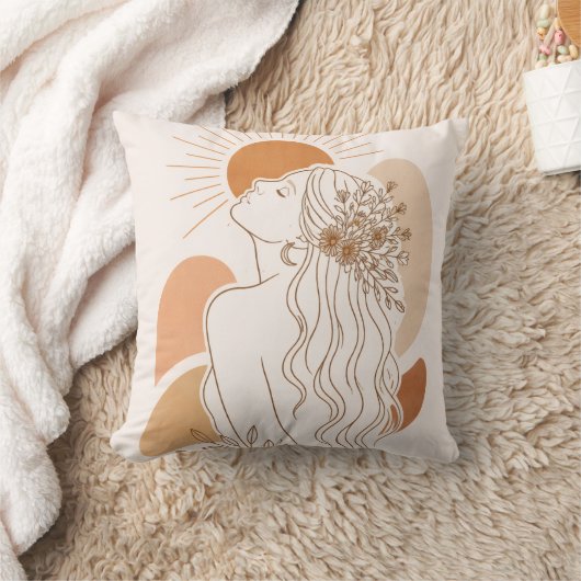 Boho Sun Goddess – Minimal Line Art Pillow クッション (ブランケット)