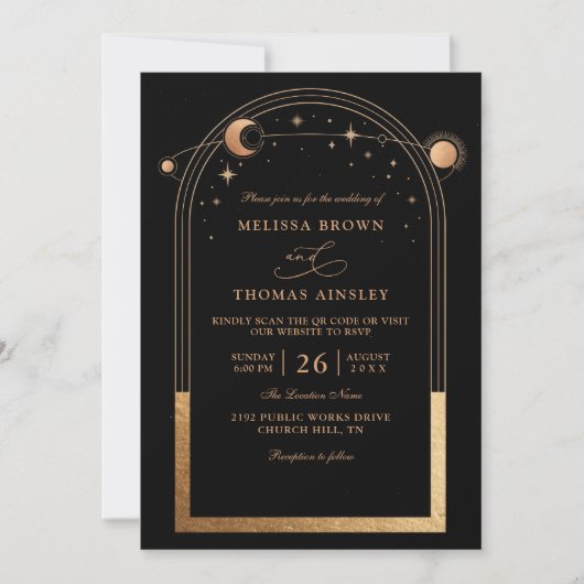 Boho Sun Moon Astronomy Budget QR Code Wedding 招待状 (正面)