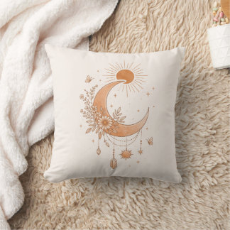 Boho Sun & Moon Floral Throw Pillow クッション