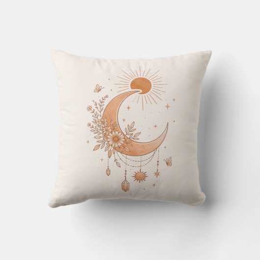 Boho Sun & Moon Floral Throw Pillow クッション (裏面)