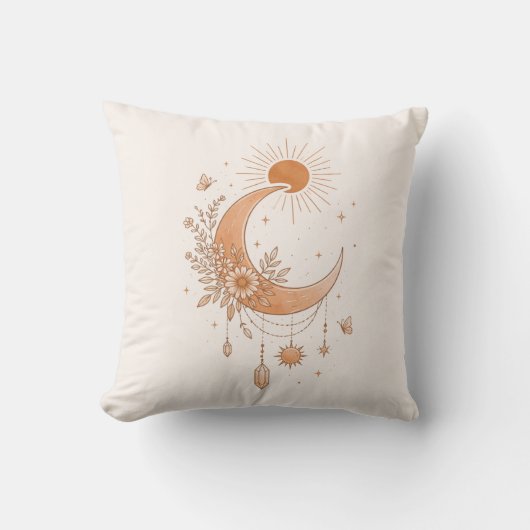 Boho Sun & Moon Floral Throw Pillow クッション (正面)