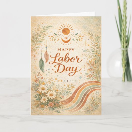 Boho Sun Wildflowers Happy Labor Day カード (正面)