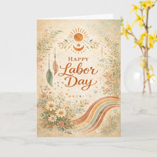Boho Sun Wildflowers Happy Labor Day カード (黄色い花)