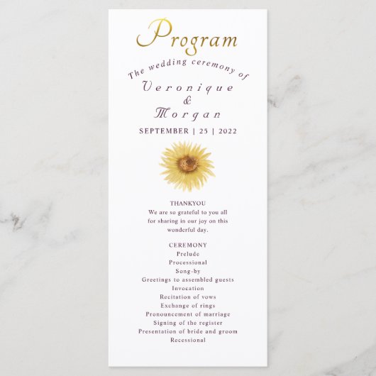 Boho Sunflowerウェディングプログラムフローラ金ゴールドスクリプト プログラム (正面)