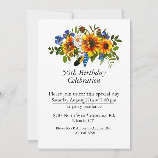 Boho Sunflowerフローラカスタマイズ可能50誕生日 招待状 (正面)