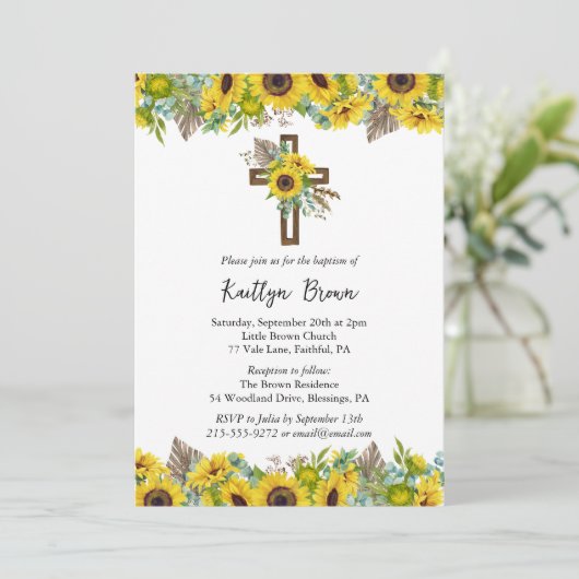 Boho Sunflower and Rustic Wooden Cross Baptism 招待状 (スタンド正面)