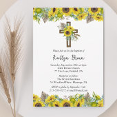Boho Sunflower and Rustic Wooden Cross Baptism 招待状