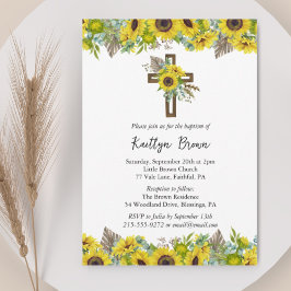 Boho Sunflower and Rustic Wooden Cross Baptism 招待状
