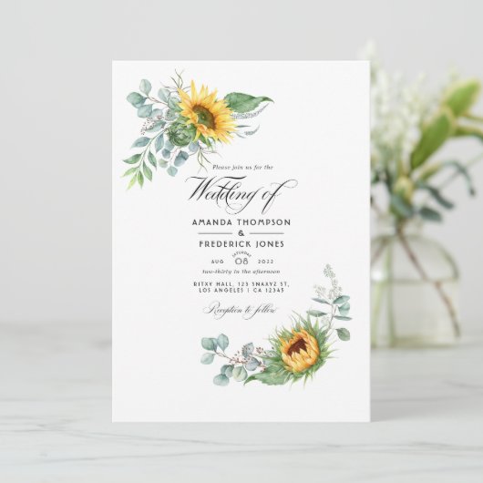 Boho Sunflower Eucalyptus結婚の写真 招待状 (スタンド正面)