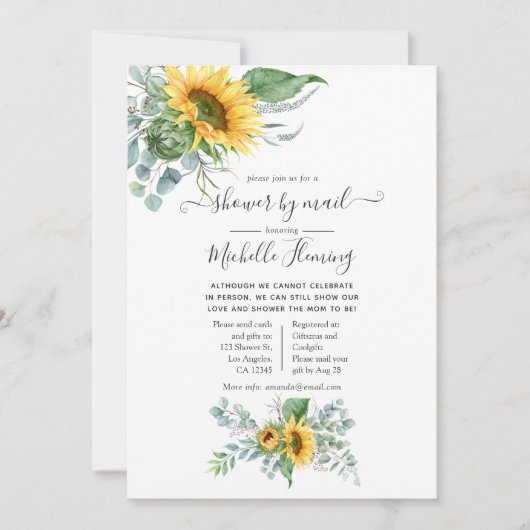 Boho Sunflower Eucalyptus Baby Shower by Mail 招待状 (正面)