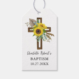 Boho Sunflower & Eucalyptus Rustic Cross Baptism ギフトタグ