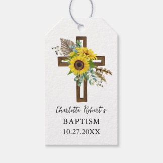 Boho Sunflower & Eucalyptus Rustic Cross Baptism ギフトタグ