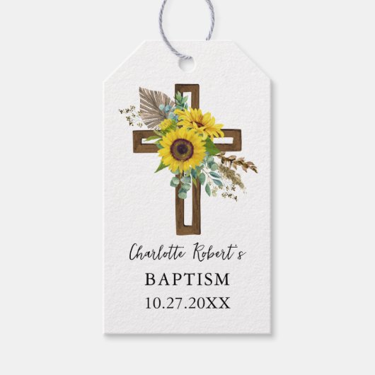 Boho Sunflower & Eucalyptus Rustic Cross Baptism ギフトタグ (正面)