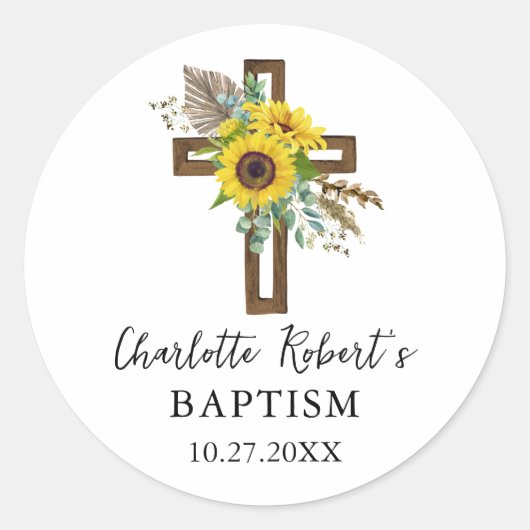Boho Sunflower & Eucalyptus Rustic Cross Baptism ラウンドシール (正面)