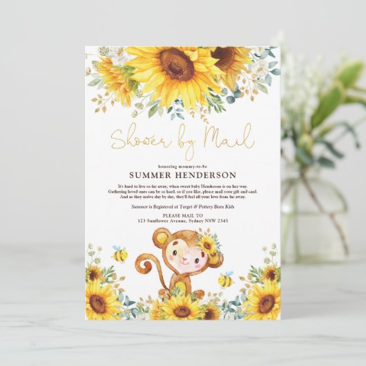 Boho Sunflower Monkey Baby Shower By Mail 招待状 (スタンド正面)
