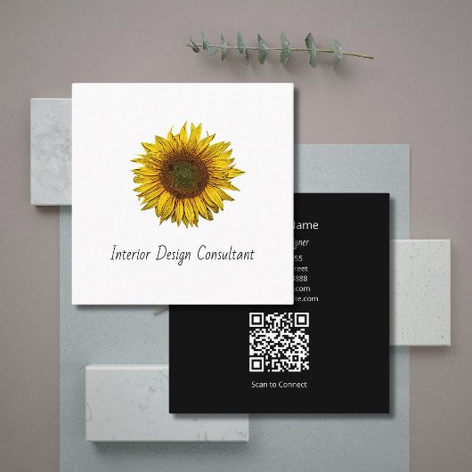 Boho Sunflower QR code Interior Designer スクエア名刺