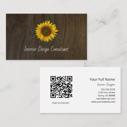 Boho Sunflower QR code Rustic Barn Wood 名刺 (正面/裏面)