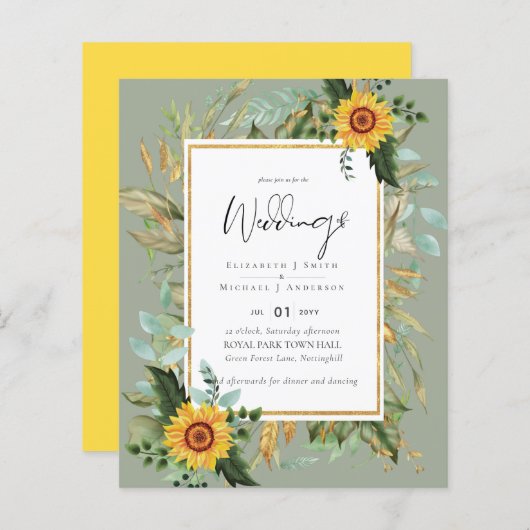 Boho Sunflowers Greenery Water color 結婚's BUDGET (正面/裏面)