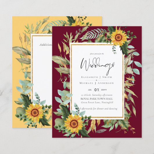 Boho Sunflowers Greenery Water color 結婚's BUDGET (正面/裏面)