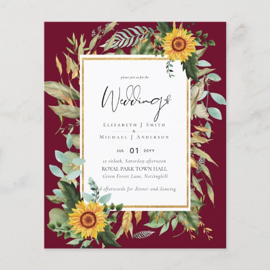 Boho Sunflowers Greenery Water color 結婚's BUDGET (正面)