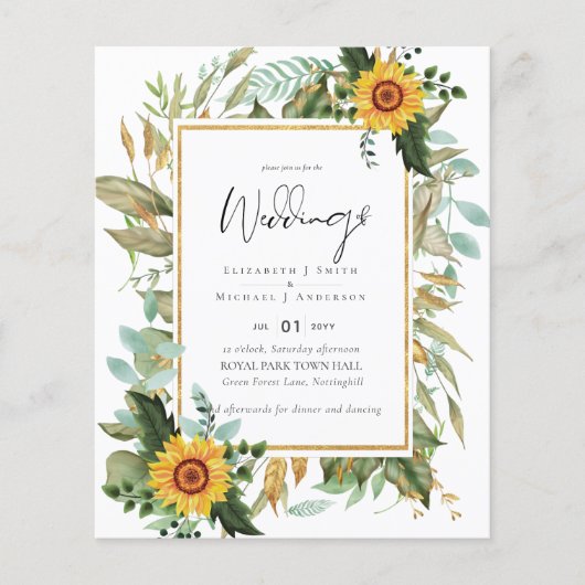 Boho Sunflowers Greenery Water color 結婚's BUDGET チラシ (正面)