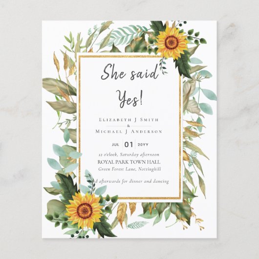 Boho Sunflowers Greenery Water color 結婚's BUDGET チラシ (正面)