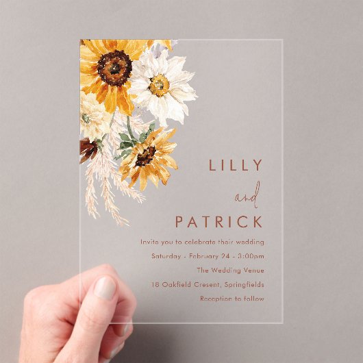 Boho Sunflowers Modern Wedding アクリル招待状 (インサイチュ (ポータブル))