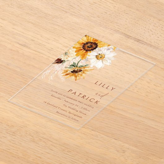 Boho Sunflowers Modern Wedding アクリル招待状 (レイダウン)