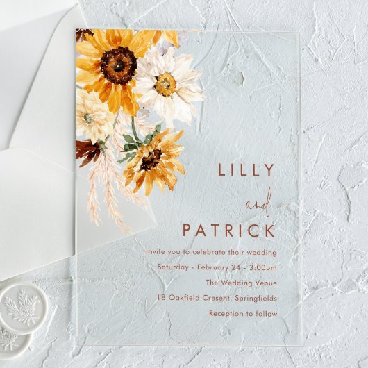 Boho Sunflowers Modern Wedding アクリル招待状
