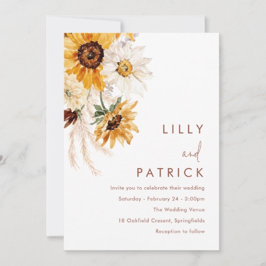 Boho Sunflowers Modern Wedding 招待状 (正面)