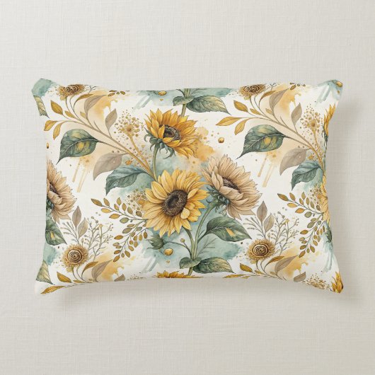 Boho Sunflowers Watercolor Gold アクセントクッション (正面)