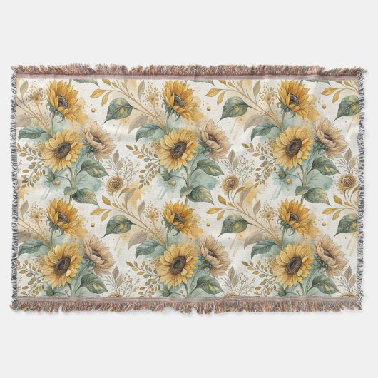 Boho Sunflowers Watercolor Gold スローブランケット (正面)