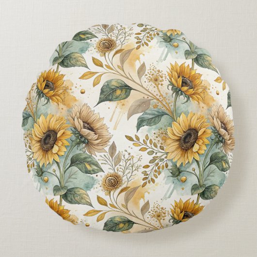 Boho Sunflowers Watercolor Gold ラウンドクッション (正面)