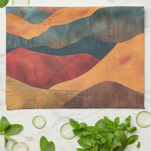 Boho Sunset Over Mountains -Retro Earthy Landscape キッチンタオル (折り畳み)