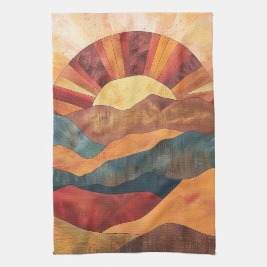 Boho Sunset Over Mountains -Retro Earthy Landscape キッチンタオル (縦)