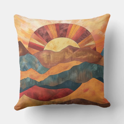 Boho Sunset Over Mountains -Retro Earthy Landscape クッション (裏面)