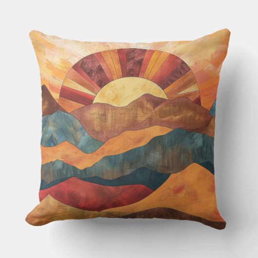 Boho Sunset Over Mountains -Retro Earthy Landscape クッション (正面)