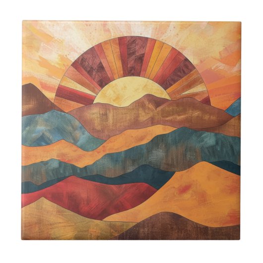 Boho Sunset Over Mountains -Retro Earthy Landscape タイル (正面)