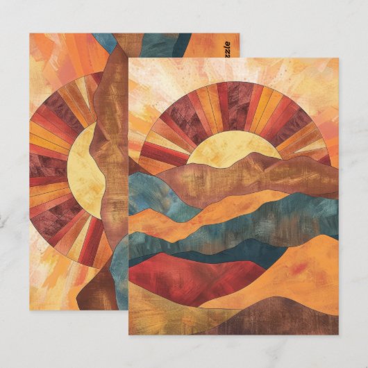 Boho Sunset Over Mountains -Retro Earthy Landscape ポストカード (正面/裏面)
